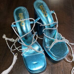 Metallic Blue Lace-Up Platform Sandals